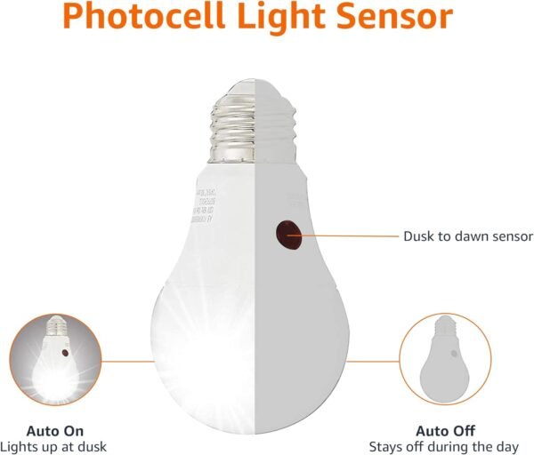 Amazon Basics A19 Dusk to Dawn Sensor LED Outdoor Light Bulb, 60W Equivalent, Energy-Efficient 9W, Daylight 2700K, E26 Base, 10,000 Hours, 2 Count (Pack of 1) - Image 7