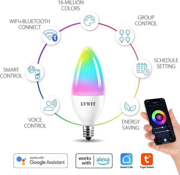 LVWIT Smart Light Bulb, B11 Smart Candelabra LED Bulb, E12 Base(12mm) WiFi Chandelier Light Bulb, Color Changing, Dimmable, Work with Alexa Home Amazon Echo, No Hub Required, 470 Lumen 4.9W 2 Pack - Image 2