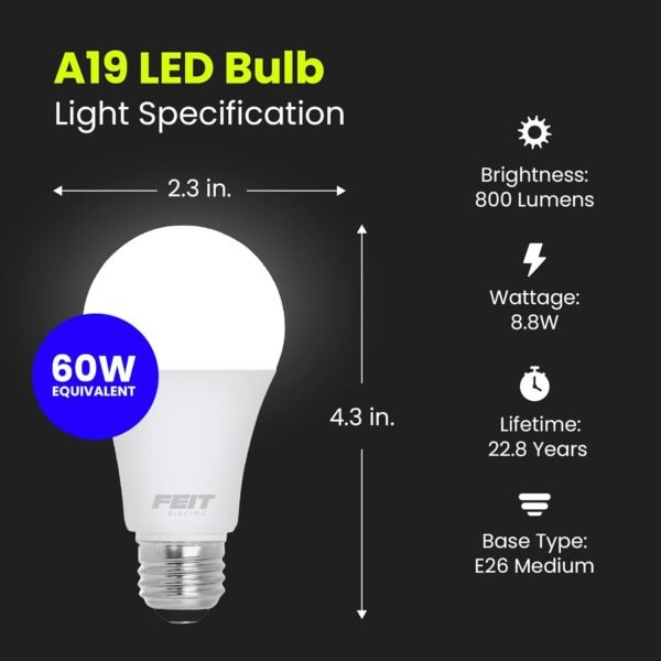 Feit Electric A19 LED Light Bulb, 60W Equivalent, Dimmable, 800 Lumens, E26 Medium Base, 5000K Daylight, CRI 90, 25,000 Hour Lifetime, UL Listed, Damp Rated, 4 Pack, OM60DM/950CA/4 - Image 2