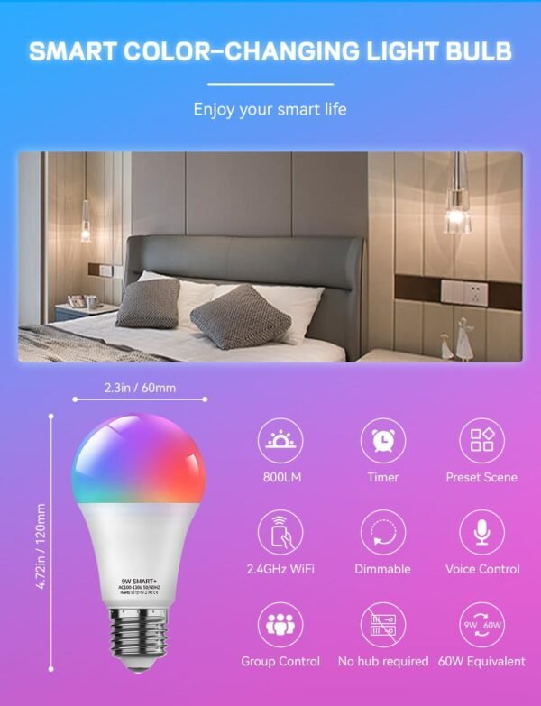 Smart Light Bulbs 4Pack with Remote, A19 E26 800LM LED Color Changing Light Bulb, WiFi & Bluetooth 5.0, Warm to Cool White, Dimmable, RGB Smart Home Lighting Work with Alexa Google Assistant - Image 7