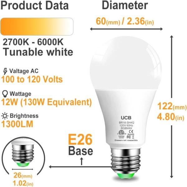 UCB Led Light Bulbs 12W(130W Equivalent), 2700K-6000K，A19 E26 Bluetooth Color Changing Light Bulb Controlled by BRmesh APP, 16 Million Colors-DIY Flash/Fade - Timing - DIY Scenes- Music Sync (8 Pack) - Image 2