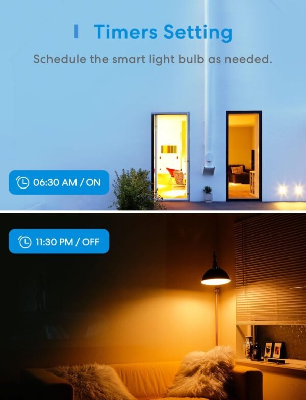 meross Wi-Fi Smart Light Bulb, Color Changing Led Bulbs Compatible with Alexa and Google Home, 2700K-6500K Tunable White, 810 Lumens 60W Equivalent, A19, E26, 2 Pack - Image 5