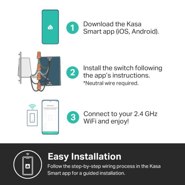 Kasa Apple HomeKit Smart Light Switch KS200P3, Single Pole, Neutral Wire Required, 2.4GHz Wi-Fi Light Switch Works with Siri, Alexa and Google Home, UL Certified, No Hub Required, White, 3-Pack - Image 7