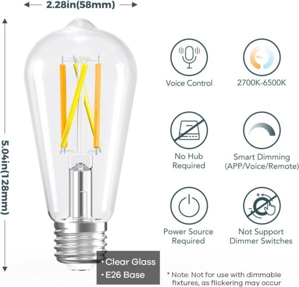 Linkind E26 Smart Edison Bulbs, 2700K-6500K Tunable WiFi Edison Bulbs with Remote Control, 8W 60W Equivalent Dimmable ST19 (ST58) Vintage Light Bulbs 800lm, Compatible with Alexa & Google Home, 4-Pack - Image 2