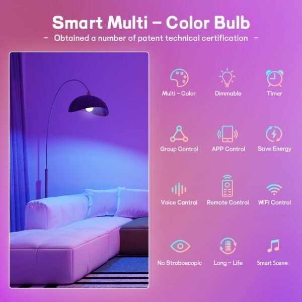 Smart Led Light Bulbs, Wi-Fi Magic Home Light Bulbs for Alexa & Google Assistant, E26, A19 Music Sync Color Changing Light Bulb, APP Remote Control on/off, Wireless, Bluetooth, 800LM, 60W,4Pack - Image 5
