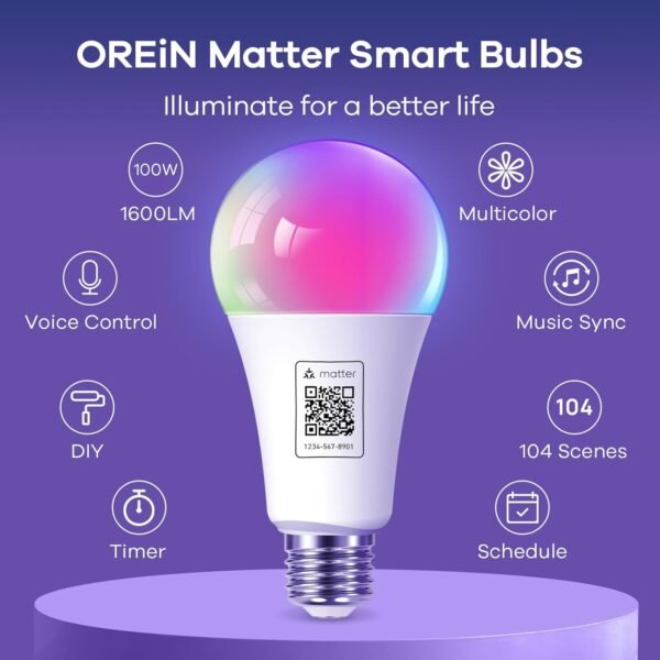 OREiN Matter Smart Light Bulb, 1600 Lumens 100W Equivalent Smart Light Bulbs, Color Changing Light Bulbs Work with Apple Home, Alexa, Google Home, SmartThings, A21 Smart Bulbs 2.4Ghz WiFi, 2Pack - Image 2