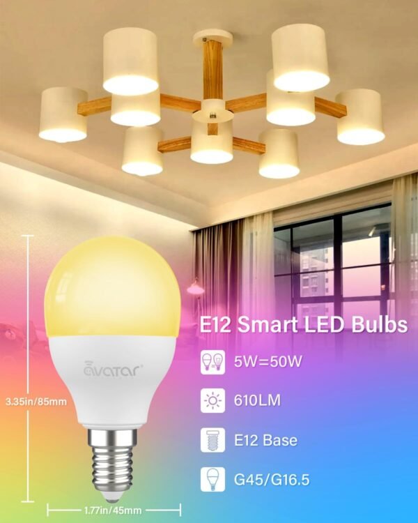 Avatar Controls 4 Pack E12 Smart LED Light Bulb, 5W Alexa Small Base Candelabra Bulbs, Wi-Fi Ceiling Fan Bulbs Color Changing Timer Music Sync, 2700-6500K - Image 3