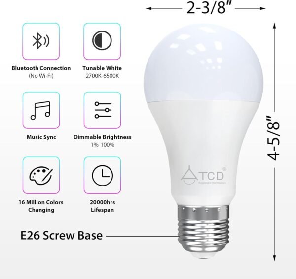 Smart Light Bulbs Dimmable, 9W E26 LED Smart Bulb Music Sync RGB Color Changing 2700-6500K Tunable White, RGBCW Bluetooth Light Bulb with App Control for Party Home 60W Equivalent 1 Pack - Image 2