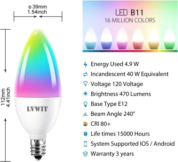 LVWIT Smart Light Bulb, B11 Smart Candelabra LED Bulb, E12 Base(12mm) WiFi Chandelier Light Bulb, Color Changing, Dimmable, Work with Alexa Home Amazon Echo, No Hub Required, 470 Lumen 4.9W 2 Pack - Image 3