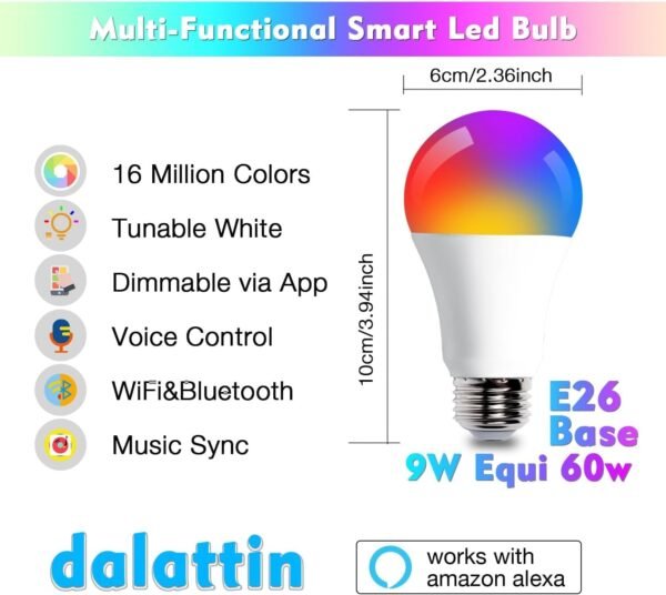 dalattin A19 Smart Bulb, WiFi RGBCW Color Changing Light Bulb, Led Light Bulb Compatible with Alexa & Google Assistant, E26 Led Bulb 60 Watt Equi, 800LM, 2.4GHz, 2 Pack - Image 4
