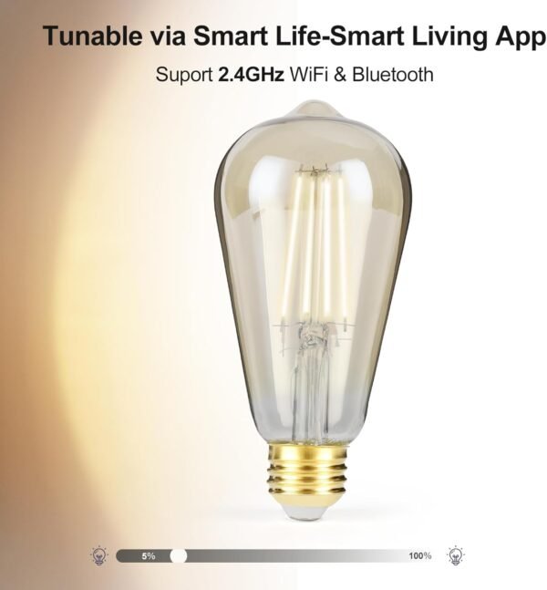Smart LED Filament Bulb, Smart Light Bulbs Bluetooth and WiFi Vintage Filament Light Bulb Work with Alexa & Google Home, ST19 Smart Edison Bulb 2100k 60 Watt Equivalent, No Hub Required, 4 Pack - Image 4
