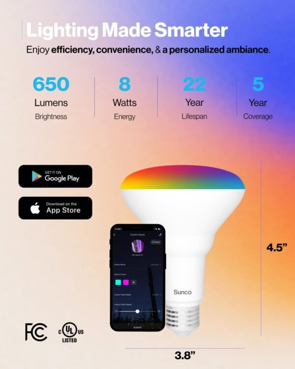 Sunco BR30 Alexa Smart Flood Light Bulbs Color Changing LED Recessed WiFi Bulb 8W, RGBCW, Dimmable, 650 Lumens, Compatible with Alexa & Google Assistant, E26 Base No Hub Required 6 Pack - Image 6