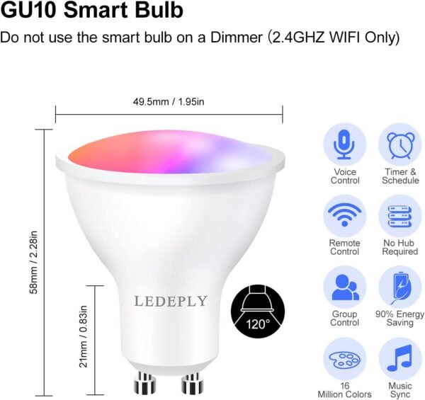 GU10 Smart Spot Light Bulb Compatible with Alexa, Google Home, SmartThings, 5W WiFi LED Track Light Bulbs, Color Changing, No Hub Required, 4 Pack - Image 5