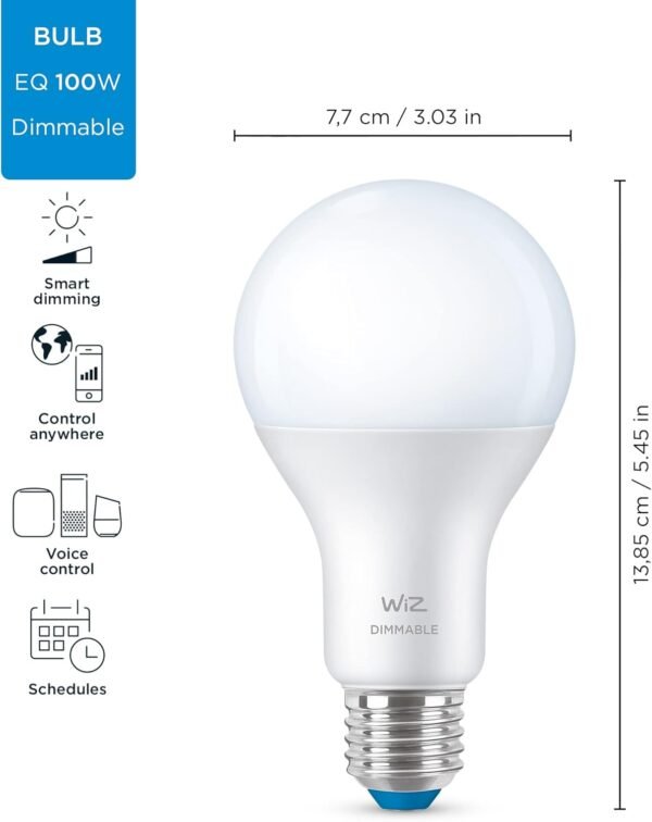 WiZ 100W Eq. (14.5W) A21 Daylight (5000K) LED Smart Bulb - Pack of 3-1600 Lumen- E26 - Indoor - Connects to Your Existing Wi-Fi - Control with Voice or App - Activate with Motion - Matter Compatible - Image 3