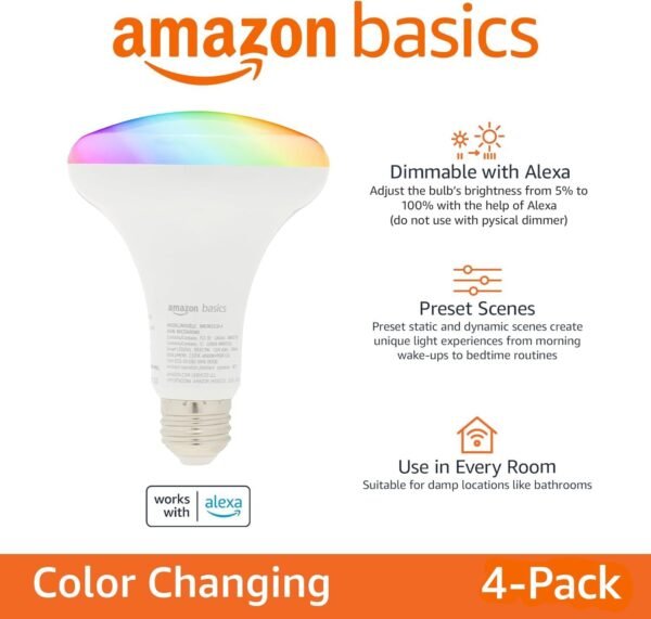 Amazon Basics Smart BR30 LED Light Bulb, Color Changing, 60W Equivalent, 800LM, Works with Alexa Only, 2.4 GHz Wi-Fi, No Hub Required, 4 Pack - Image 2