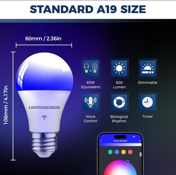 Smart Light Bulbs 60W Equivalent, 800LM 9W WiFi Smart Bulb Compatible with Alexa/Google Assistant, A19 E26 Smart Light Bulb No Hub Required, 2.4GHz WiFi Only, 2PCS - Image 2