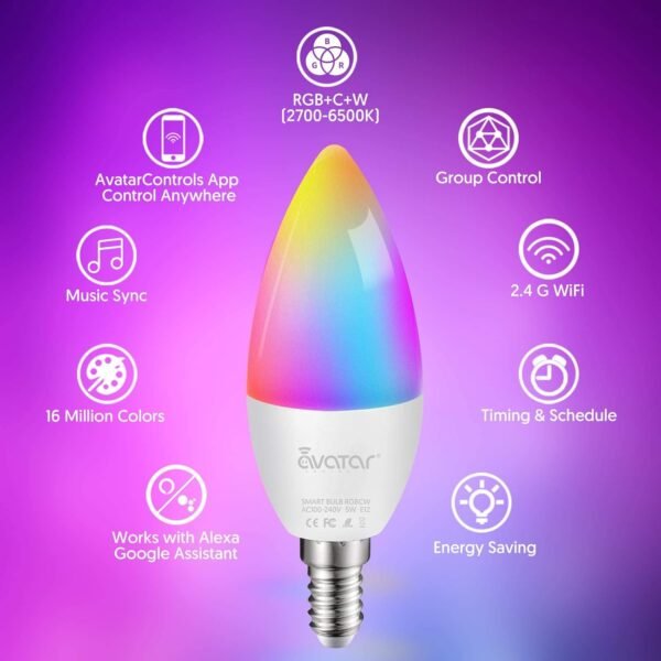E12 Base Smart Bulb 4 Pack, 5W Candelabra Smart Light Bulbs - Alexa WiFi LED Lights B11 RGBCW Dimmable Color Changing Music Sync, Compatible with Alexa Google Home, 2.4 GHz Wi-Fi - Image 3