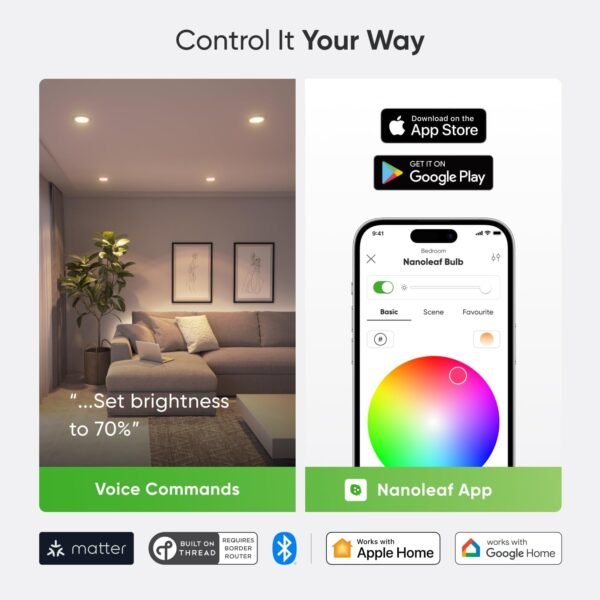 Nanoleaf Essentials Smart LED Color-Changing Light Bulb (60W) - RGB & Warm to Cool Whites, App & Voice Control (Works with Apple Home, Google Home, Samsung SmartThings) (Matter BR30 (3 Pack)) - Image 4