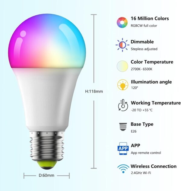 Smart Light Bulbs with Remote, 16M Colors RGBW Dimmable WiFi Bluetooth Smart Bulbs Led Color Changing Light Bulbs Compatible with Alexa Google Home, A19, E26 9W 800 Lumens Equivalent 60W (4) - Image 3