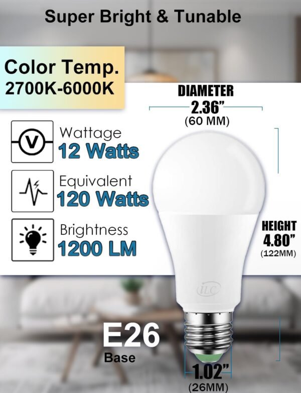 ILC Alexa Light Bulbs, 12W, Smart Light Bulb Compatible with Alexa Required Echo Device, 2700K-6000K Warm White to Daylight Turnable, A19 E26 No Hub Required (6 Packs) - Image 4