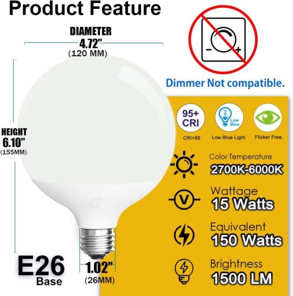ILC G120 LED Large Globe Light Bulbs 15W, Work with Alexa Required Echo Device, Φ4.72 inch, Color Changing, CCT Color Temprature Turnable 2700K-6000K, CRI>95+, 150W Equivatlent, E26 Base (2 Pack) - Image 3