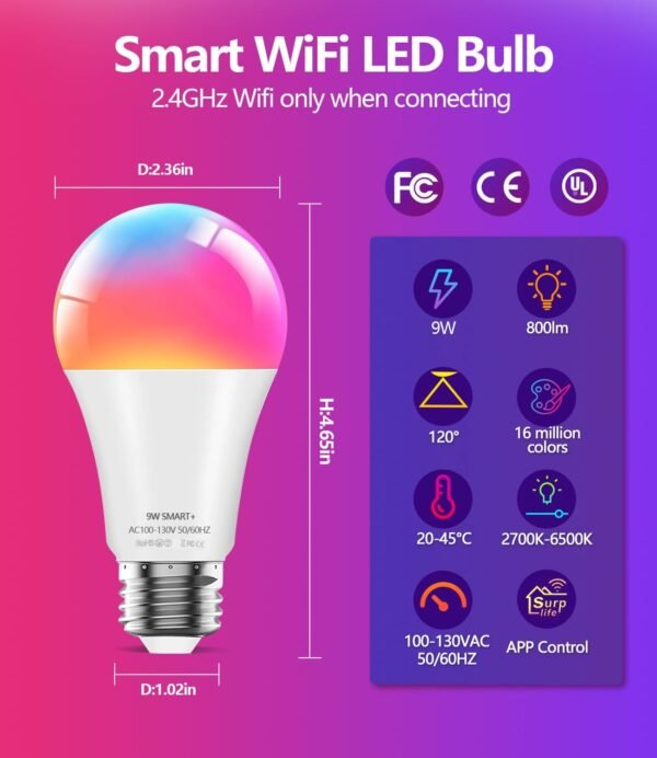 luckystyle Smart Light Bulbs, 9W A19 E26 800LM WiFi Bluetooth LED Bulbs Compatible with Alexa, Google Assistant & Home, 16 Million Colors Music Sync Color Changing Dimmable RGBWW Lights Bulb (2) - Image 6