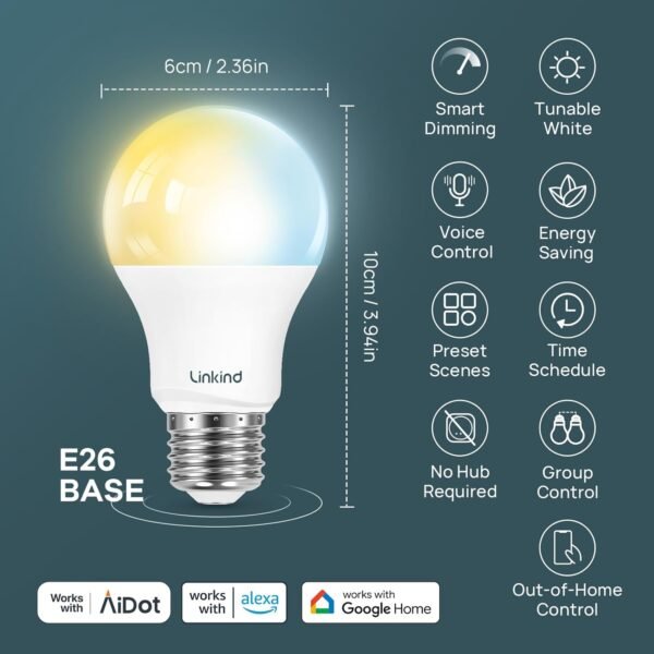 Linkind Smart Light Bulbs, Soft White to Daylight Tunable (2700K-6500K), Alexa Light Bulbs, Work with Alexa & Google Home, CRI>90, 2.4GHz Wi-Fi & Bluetooth LED, A19 E26, 800LM, 60W Equivalent (4-Pack) - Image 7