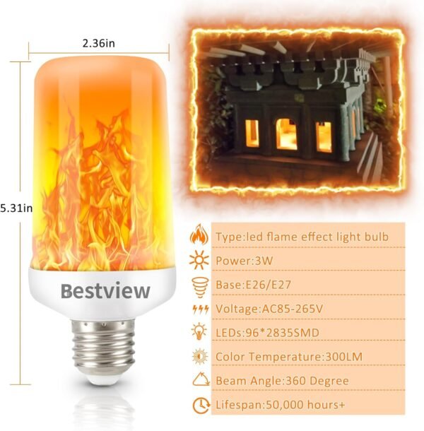 Bestview LED Flame Effect Light Bulbs,4 Modes Smart E26/E27 Base Flickering Fire Light Bulb with for Halloween, Christmas, Party, Porch, Indoor&Outdoor Home Decoration Lighting (Yellow 4 Pack) - Image 2
