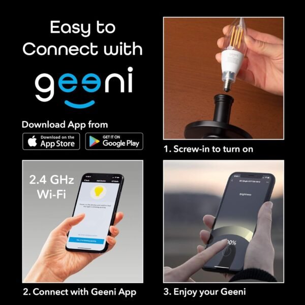 Geeni LUX Edison B11 Filament WiFi LED Smart Bulb, B11 Candelabra, 4W, E12 Base, Dimmable, White Light, Compatible with Amazon Alexa & Google Home - No Hub Required- 4 Pack - Image 7