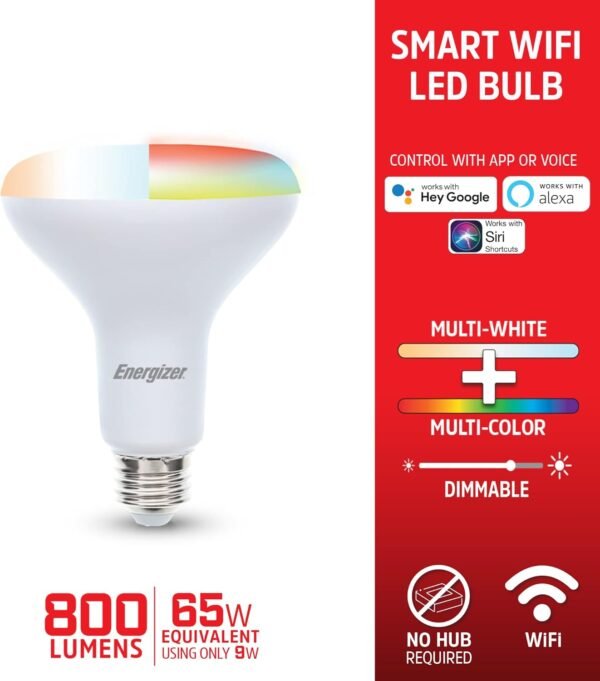 Energizer Smart LED Bulb Multi-Color and Multi-White, BR30, Google Assistant, Amazon Alexa, Siri, Connect App, 16,000,000 Lighting Customizations, Remote Lighting Schedules, 800 Lumens - Image 3
