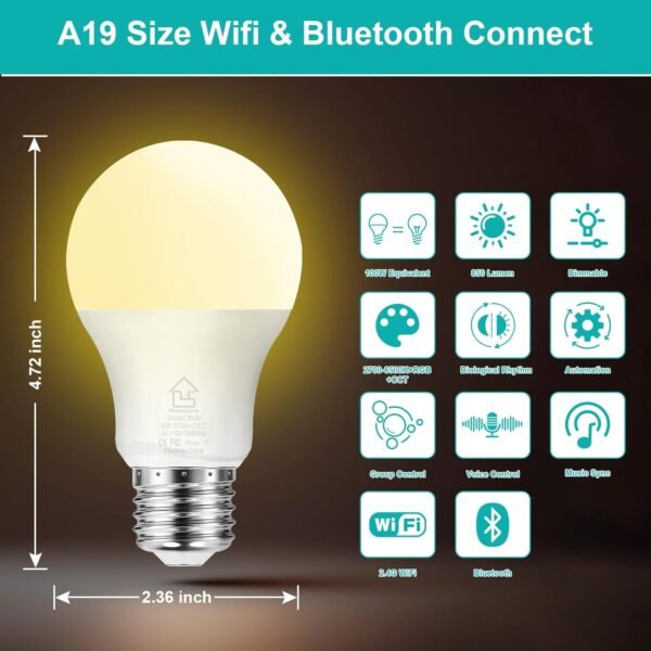 ShowyLive Smart Light Bulb 4 PK, WiFi & Bluetooth 5.0 Smart Bulbs That Compatible with Alexa & Google Assistant, A19 RGB, Music Sync, 9W 850LM CRI>80 - Image 2
