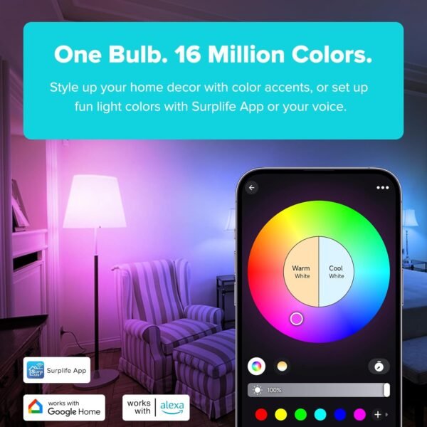 Smart Light Bulbs, Smart Bulb Compatible with Alexa & Google Home, LED Light Bulbs Color Changing, Multi-Dynamic Scene, Music Sync, A19 E26 2.4GHz RGBTW WiFi & Bluetooth Light Bulb 60W, 800LM, 6Pack - Image 2
