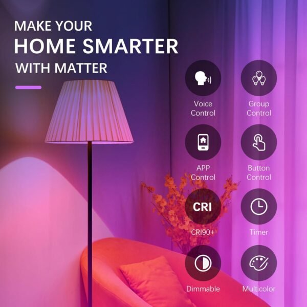 Light Bulbs with Matter, Smart Light Bulbs, WiFi Led Light Bulb Works with Alexa/Google Home/Apple Home/SmartThings, Hub Required, Smart Bulb, Color Changing Light Bulb, A19, E26, 2 Packs - Image 2
