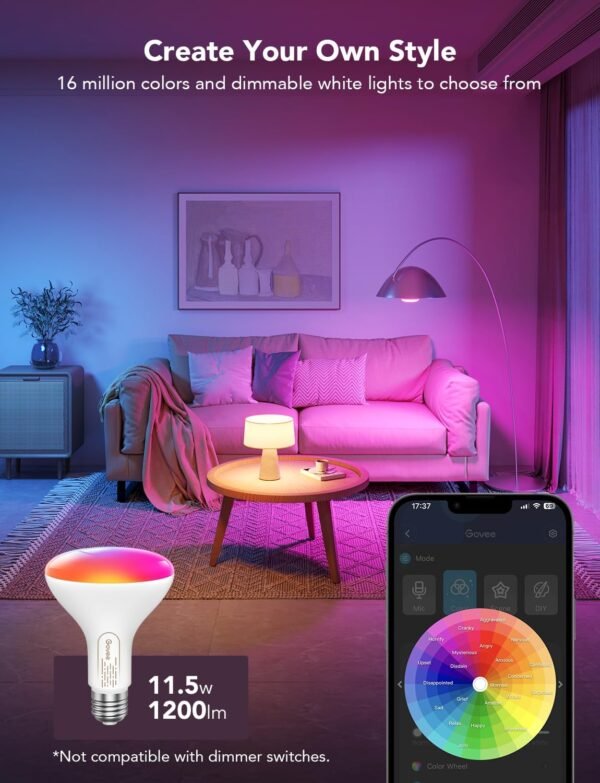 Govee Smart Light Bulbs, 1200 Lumens Dimmable BR30 Bulbs, RGBWW Color Changing Light Bulbs, WiFi & Bluetooth LED Bulbs, 16 Million Colors, Music Sync, Compatible with Alexa, Google Assistant, 1 Pack - Image 2