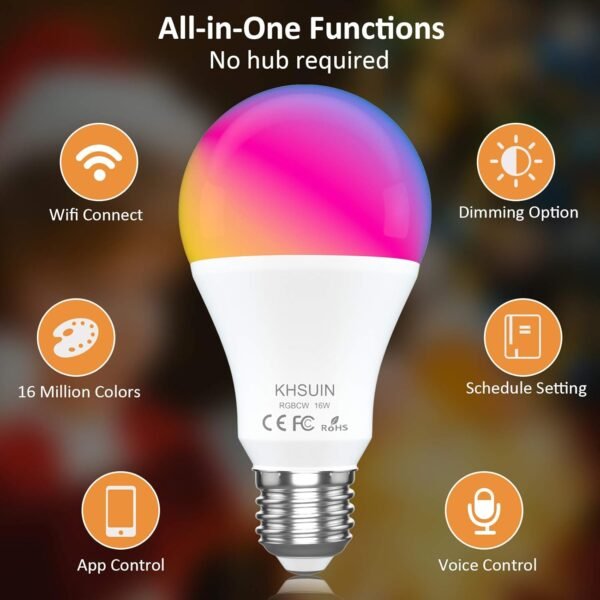 Smart Alexa Light Bulb,16W(150W Equivalent)1600Lumen Ultra Bright E26 A19 Led Full Color Changing WiFi Light Bulb,Smart Bulb Work with Alexa,Google(No Hub Required),High Lumen Smart Light Bulbs - Image 2