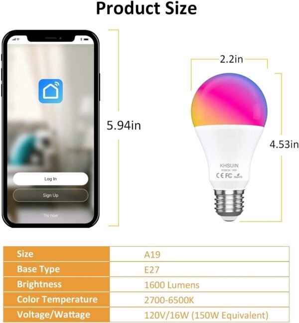 Smart Light Bulbs,16W(150W Equivalent) 1600Lumen Ultra Bright E26 A19 Led Full Color Changing WiFi Light Bulb,Smart Bulbs Work with Alexa,Google(No Hub Required),Alexa Light Bulbs,4 Pack - Image 8