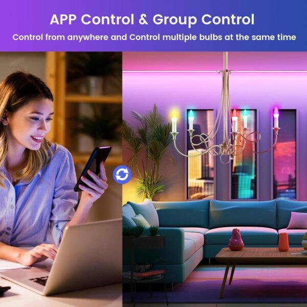 OHLUX 6 Pack E12 Smart Candelabra LED Light Bulbs, Color Changing Compatible with Google Alexa and Smart Life, 4W 40W Equivalent WiFi Candle Bulbs with Remote Control, Timer - Image 6