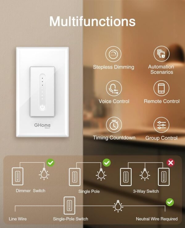 Ghome Smart Dimmer Switch Single Pole 2.4GHz Wi-Fi Smart Switch Dimmer Smart Light Switch Dimmer WiFi Switch Smart Dimmer Light Switch Compatible with Alexa and Google Home, White 1 Pack - Image 2