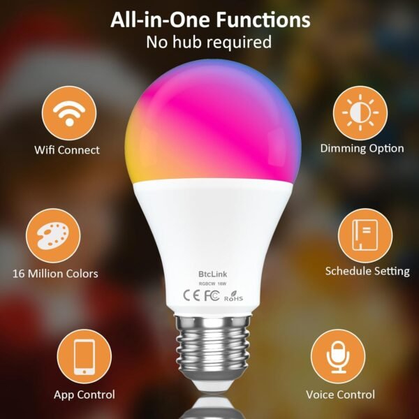 Smart LED Light Bulbs 150W Equivalent, 1600LM 16W Alexa Light Bulbs, A19 E26 Ultra Bright Color Changing Light Bulbs, 2.4 GHz WiFi Dimmable Light Bulbs Compatible with Alexa, Google 4 Packs(Upgrated) - Image 2