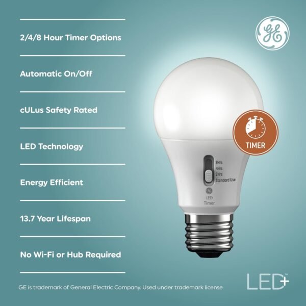 GE LED+ Timer A19 LED Light Bulbs, Built-in Automatic Indoor Timer Light, 8W, Soft White (1 Pack) - Image 2