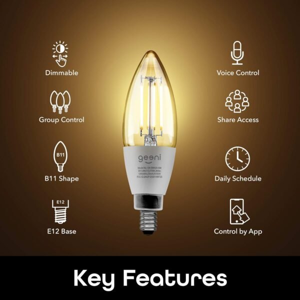 Geeni LUX Edison B11 Filament WiFi LED Smart Bulb, B11 Candelabra, 4W, E12 Base, Dimmable, White Light, Compatible with Amazon Alexa & Google Home - No Hub Required- 4 Pack - Image 2