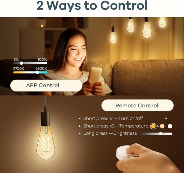 Linkind E26 Smart Edison Bulbs, 2700K-6500K Tunable WiFi Edison Bulbs with Remote Control, 8W 60W Equivalent Dimmable ST19 (ST58) Vintage Light Bulbs 800lm, Compatible with Alexa & Google Home, 4-Pack - Image 3