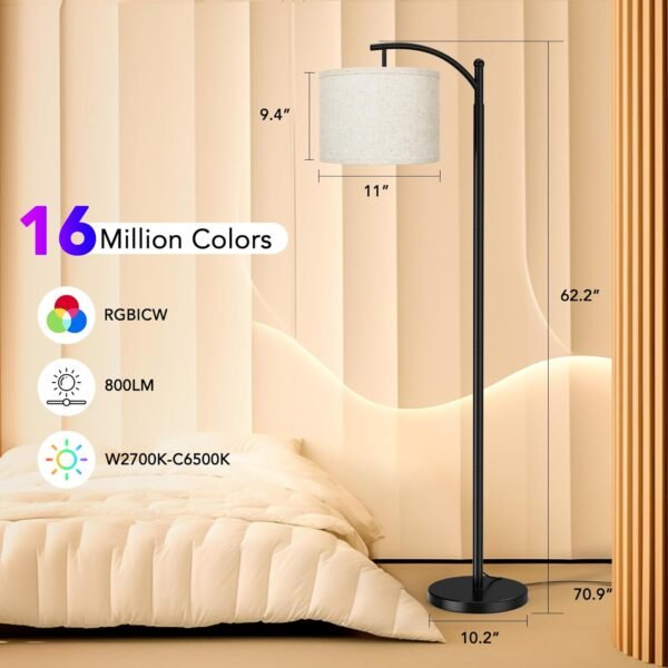 Floor Lamps with Matter Smart Light Bulb, RGB + Color Temperatures Bright Dimmable Smart Floor lamp, Living Room Standing Tall Industrial Floor Lamp (Beige Lampshade Included) -Black - Image 5