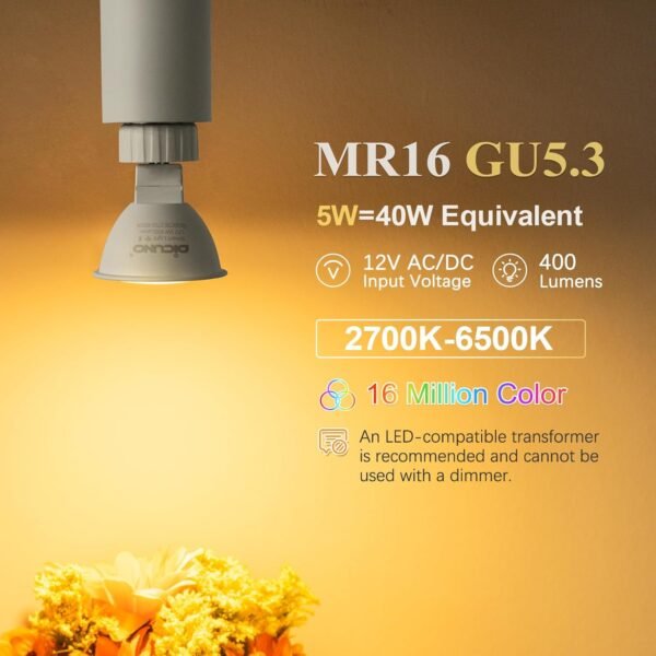 DiCUNO MR16 Smart Bulb Alexa, RGBCW Color Changing GU5.3 Light Bulb Compatible with Google Home, Dimmable with App, AC/DC 12V, 110° Beam Angle 40W 400LM, 2.4GHz WiFi, Landscape Light, 4-Pack - Image 2