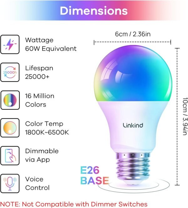 Linkind Smart Light Bulbs 1pk, Color Changing Light Bulbs Work with Alexa & Google Home, WiFi Smart Bulb 800LM Dimmable, 9W equivalent 60W Alexa LED Bulb A19 E26, Preset Scenes, 2.4Ghz WiFi Only - Image 2