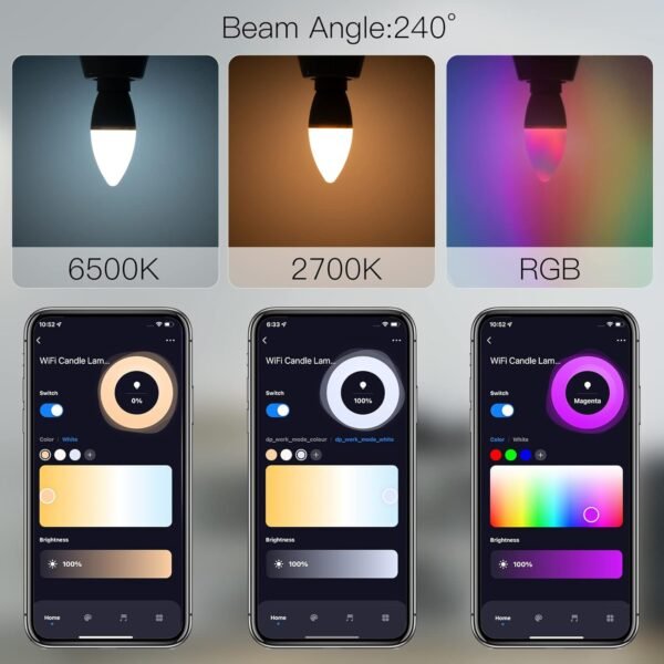 MoesGo Smart Candelabra Led Light Bulbs, WiFi E12 Smart Bulbs, 2700K-6500K CW& RGB Dimmable, Smart Life/Tuya APP Remote Control, Work with Alexa/Google Home, 470lm 5W (40W Equivalent) 2 Pack No Hub - Image 3