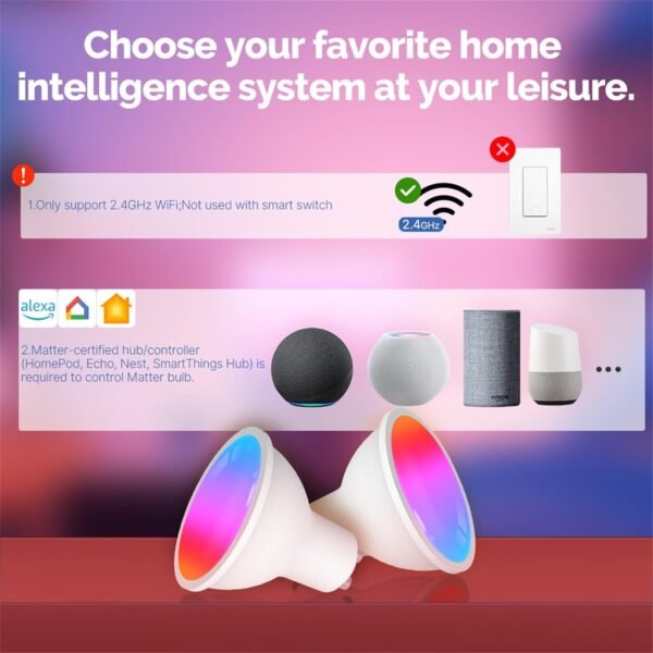 MOES Matter Smart GU10 LED Light Bulbs, Color Changing WiFi Smart Bulbs, 2700K-6500K CW& RGB Dimmable, Smart Life Remote Control, Work with Apple Homekit/Alexa/Google Home, 400lm 5W 4 Pack - Image 2