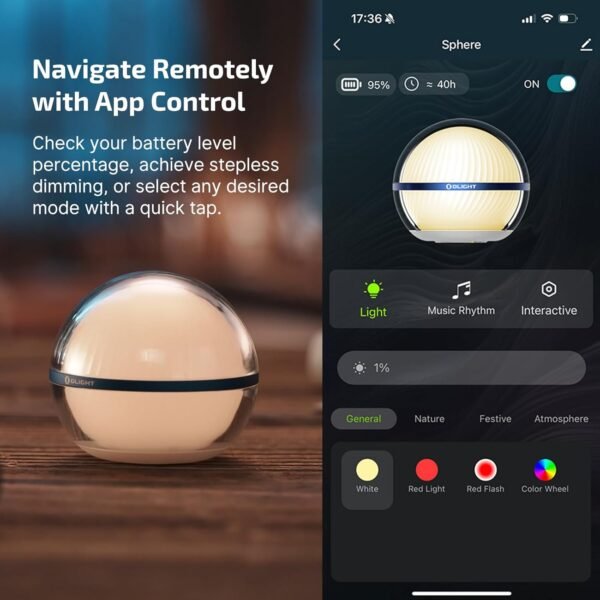 OLIGHT Sphere Smart Night Light, 75 lumens Stepless Dimming Table Lamp with Remotely APP Control, Magnetic Rechargeable RGB Ambient Lighting for Sleeping, Reading, and Relaxation - Image 4