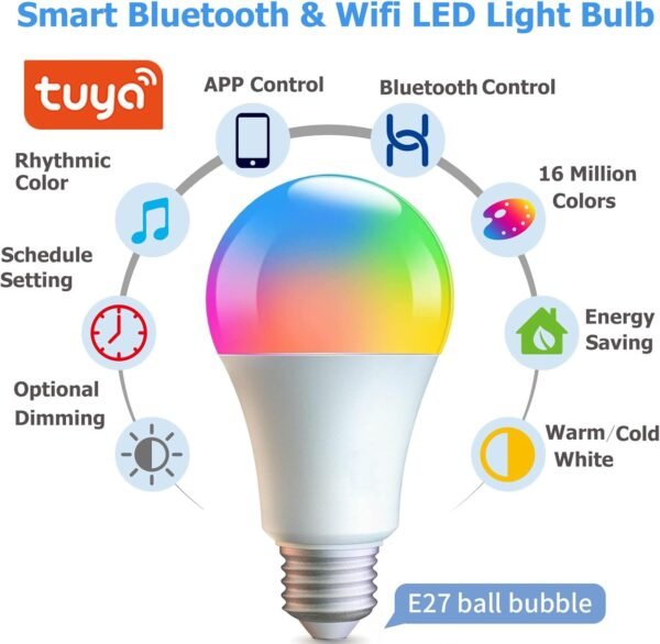 Smart Light Bulbs,WiFi & Bluetooth LED Light Bulb That Compatible with Alexa & Google Home, Color Changing Light Bulb, 10W A19 E26 2.4Ghz WiFi Light Bulbs 60 watt Equivalent, 800lm Dimmable - Image 2
