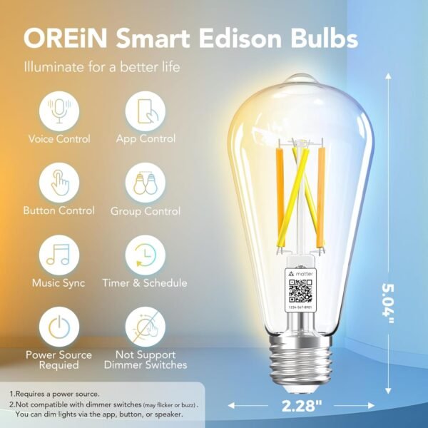 OREiN Matter Smart Light Bulb, ST19(58) Smart Edison Bulbs with Remote Control Work with Apple Home, Alexa, Google Home, SmartThings, 800lm 2700K-6500K Smart Filament Bulb E26 Base 4Pack - Image 2